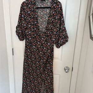 Black and Pink Wrap Sundress with Puff Sleeves